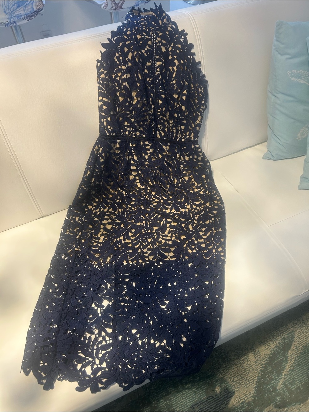 Lulu's Navy Floral Lace Halter Midi Dress with Nude Lining